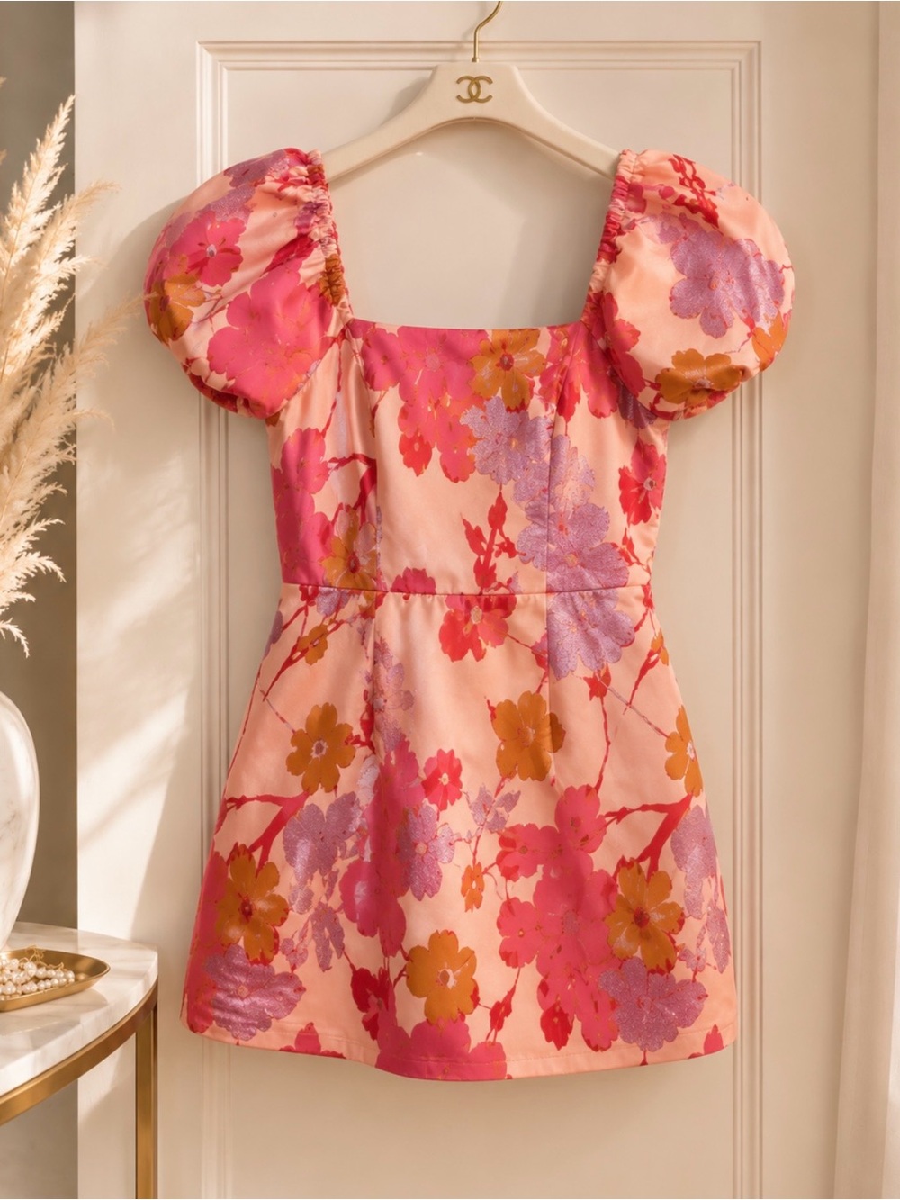 Lulu's Pink Floral Puff-Sleeve Mini Dress